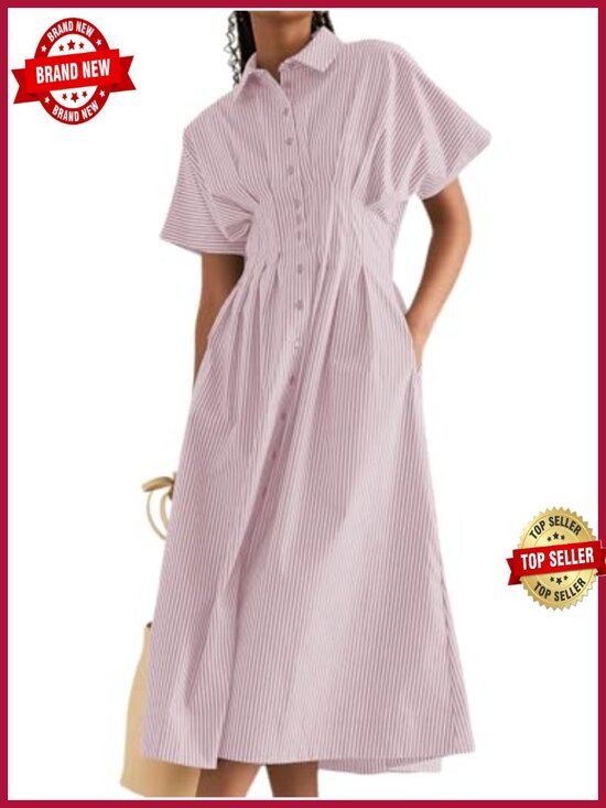 Dresses & Skirts - Women's Striped Shirt Dress Short Sleeve Ruched Flowy Midi Tunic with Pockets